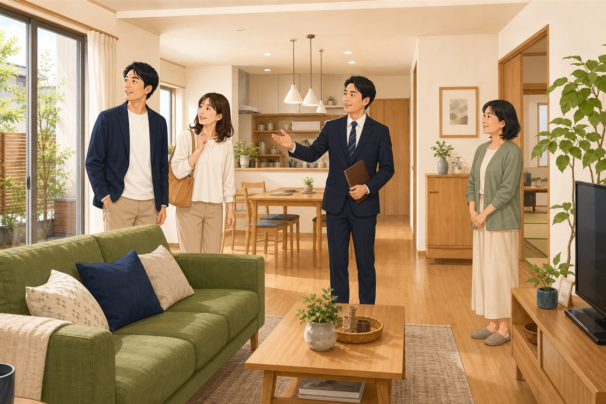 売却物件の内覧当日に室内を案内する挿絵