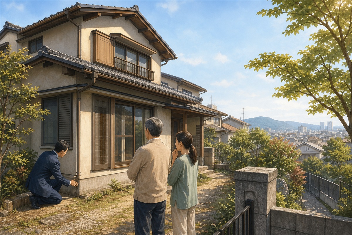 築古住宅の状態を確認する売主と担当者の挿絵