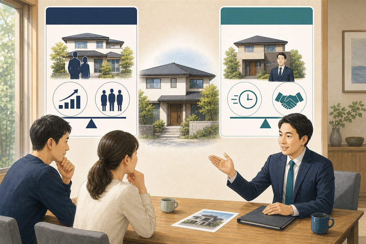 売主が仲介と不動産会社による買取を比較相談する場面