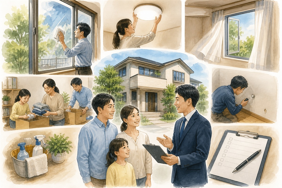 売却前に清掃と建物点検を行う家族