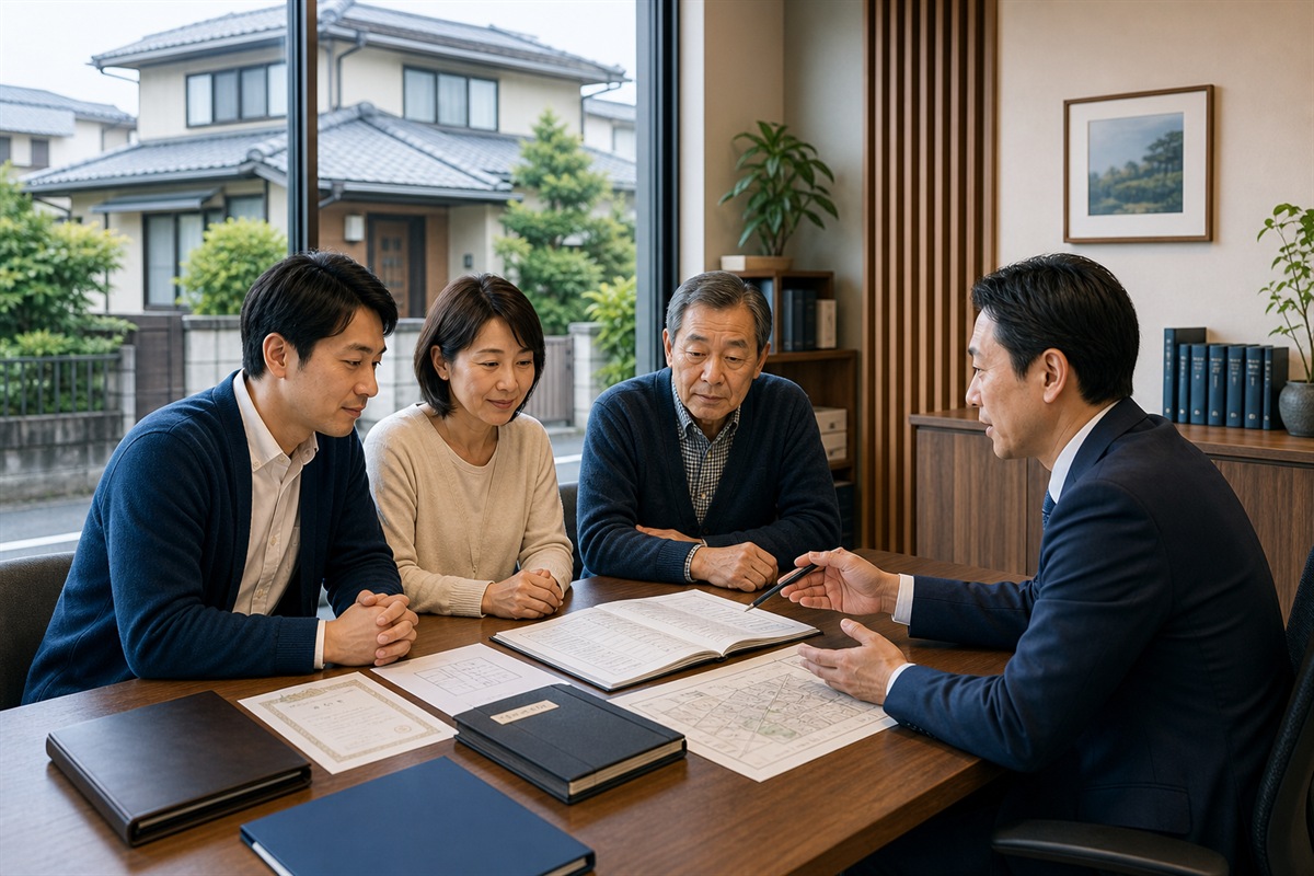 相続人が登記簿や戸籍を確認しながら相談する挿絵
