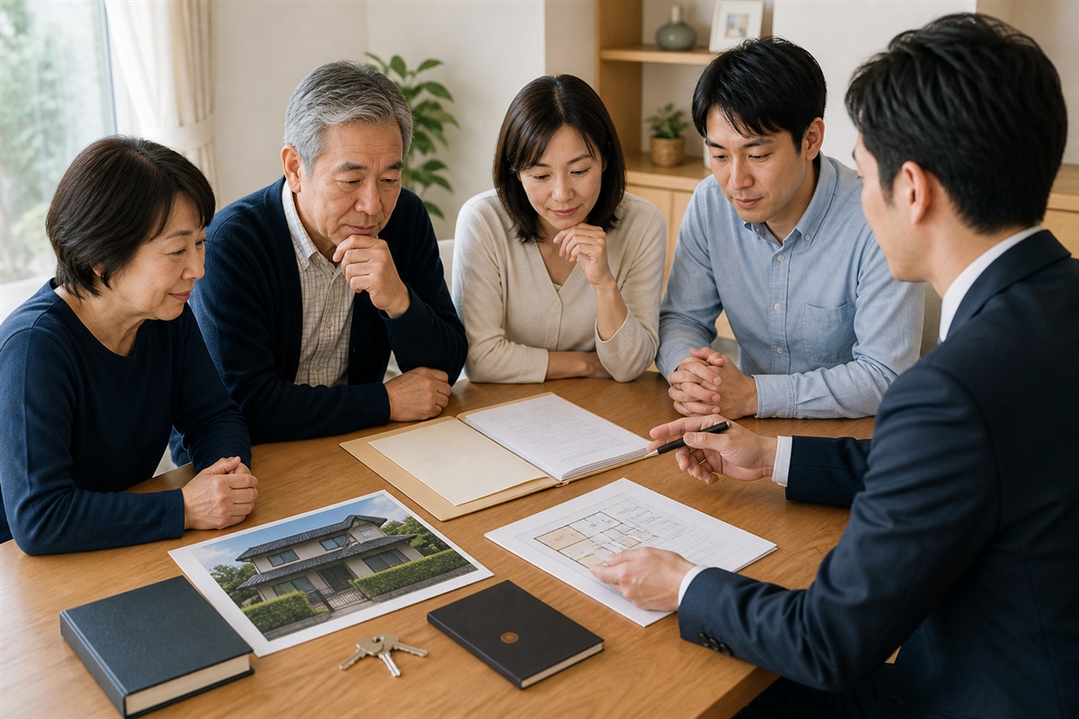 相続した家の売却について相続人が話し合う場面