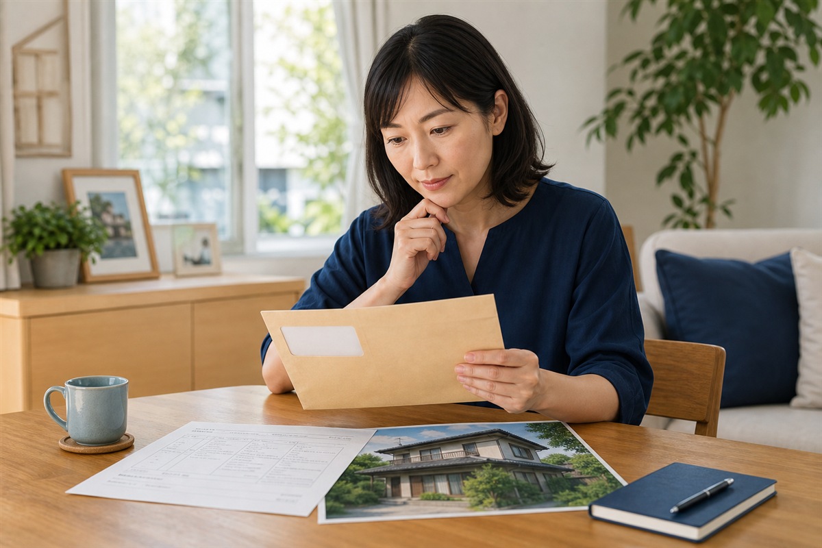 相続した家の所有者が不動産会社から届いたDMを確認する挿絵