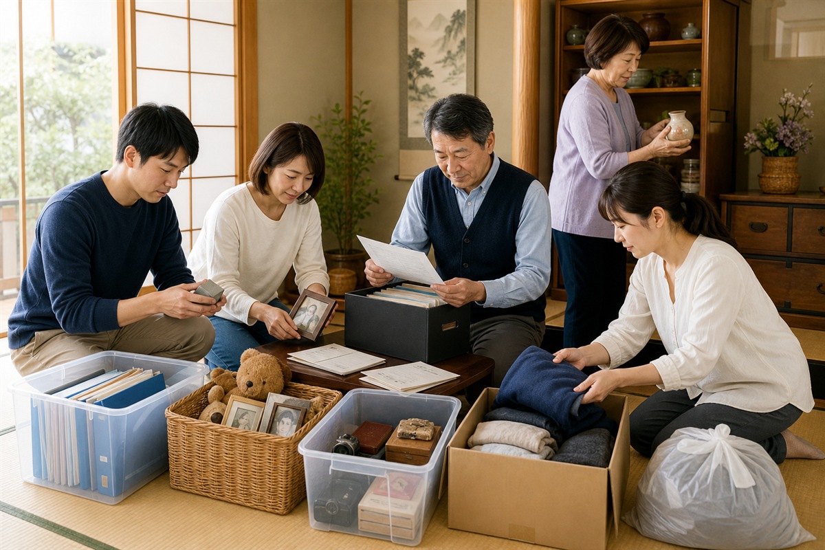 相続した実家の家財を相続人が仕分ける場面