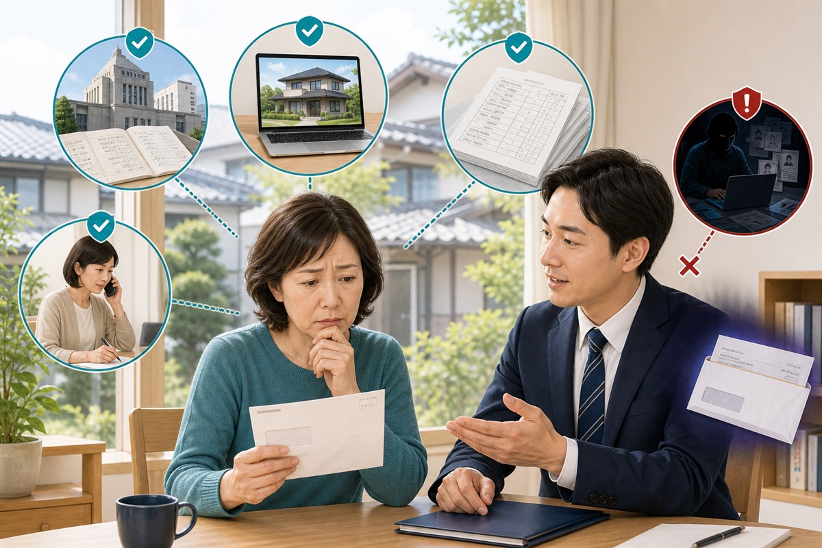 相続後に届いた不動産DMの情報源を確認する場面
