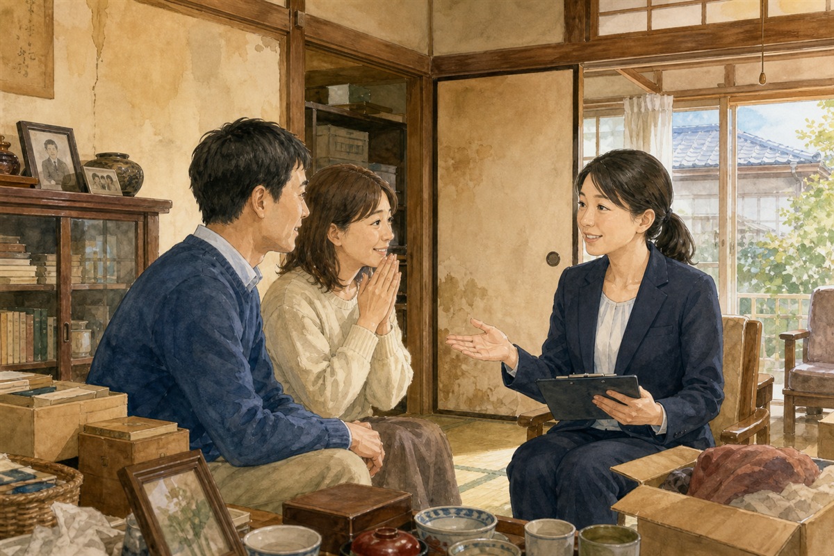 家財が残る空き家を不動産会社へ相談する場面