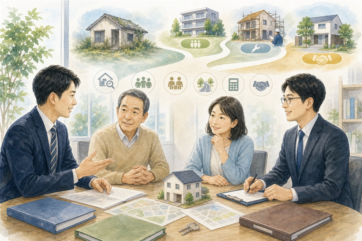 不動産会社と専門家が空き家の選択肢を整理する場面