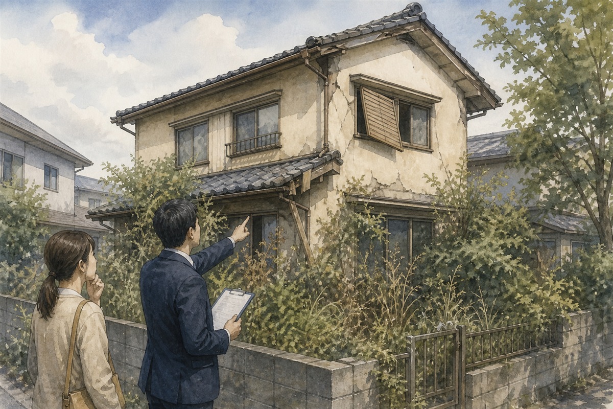 放置され劣化が進んだ空き家を確認する場面