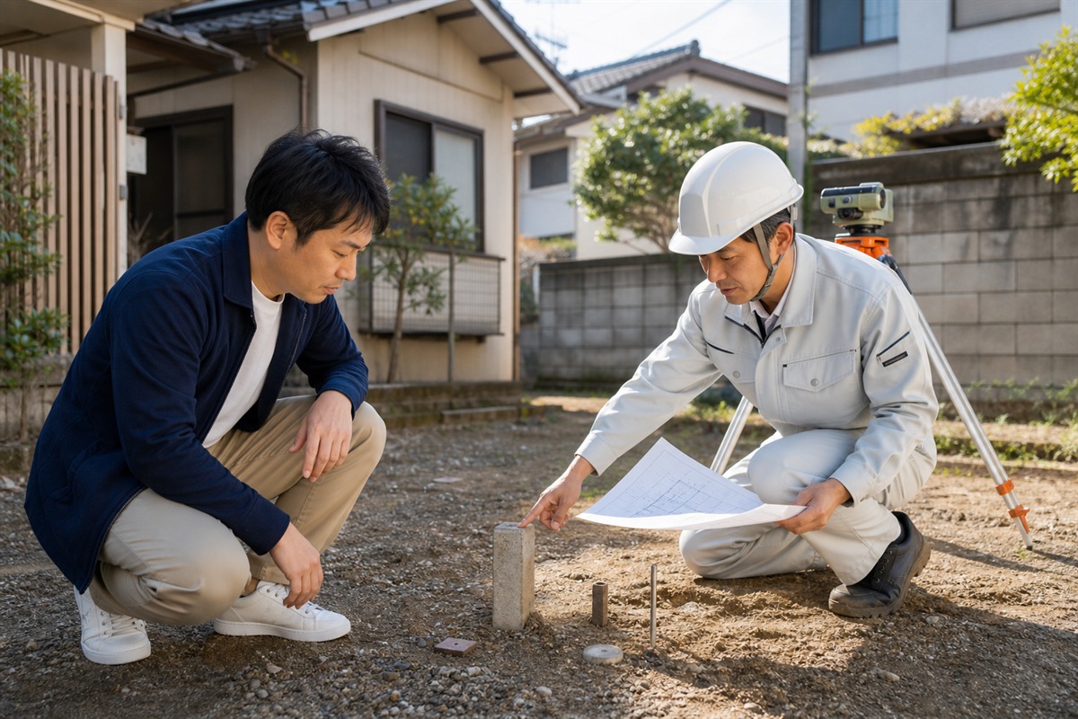 土地の境界標を現地で確認する挿絵