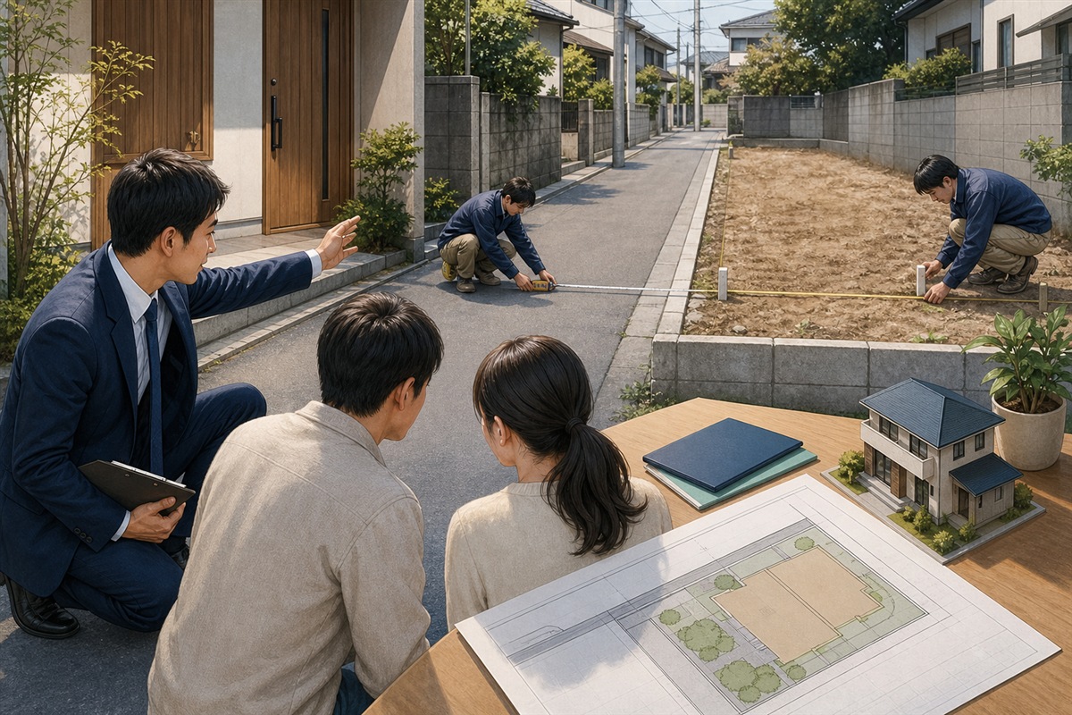 土地と前面道路の接道状況を現地で確認する挿絵