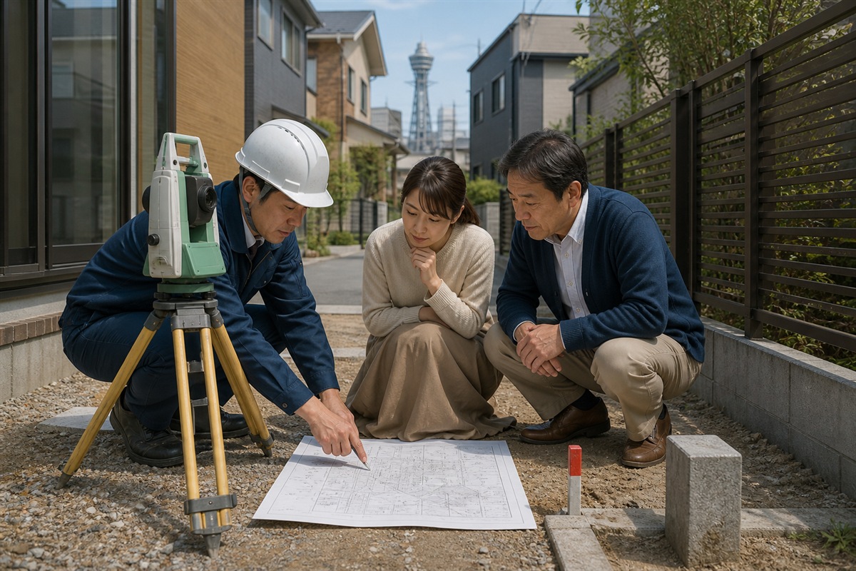 土地の境界標と図面を確認する挿絵