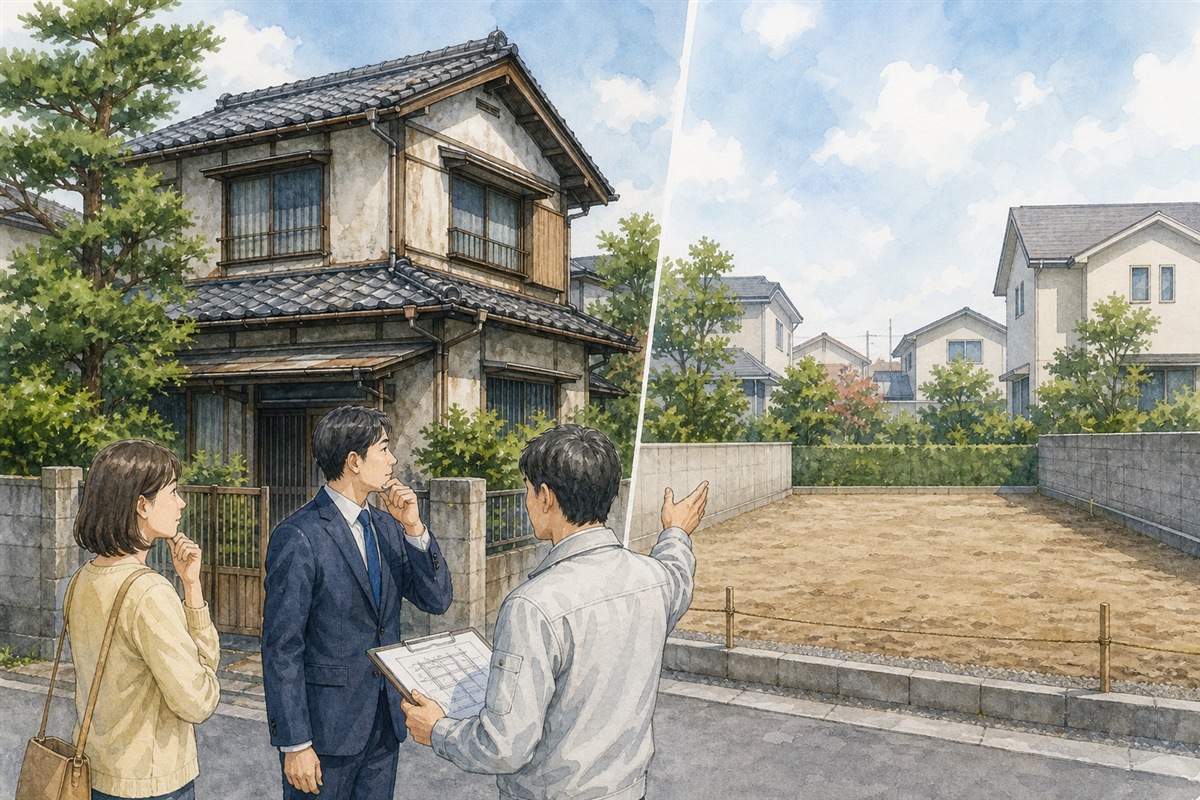 古家付き土地と解体後の更地を比較する場面