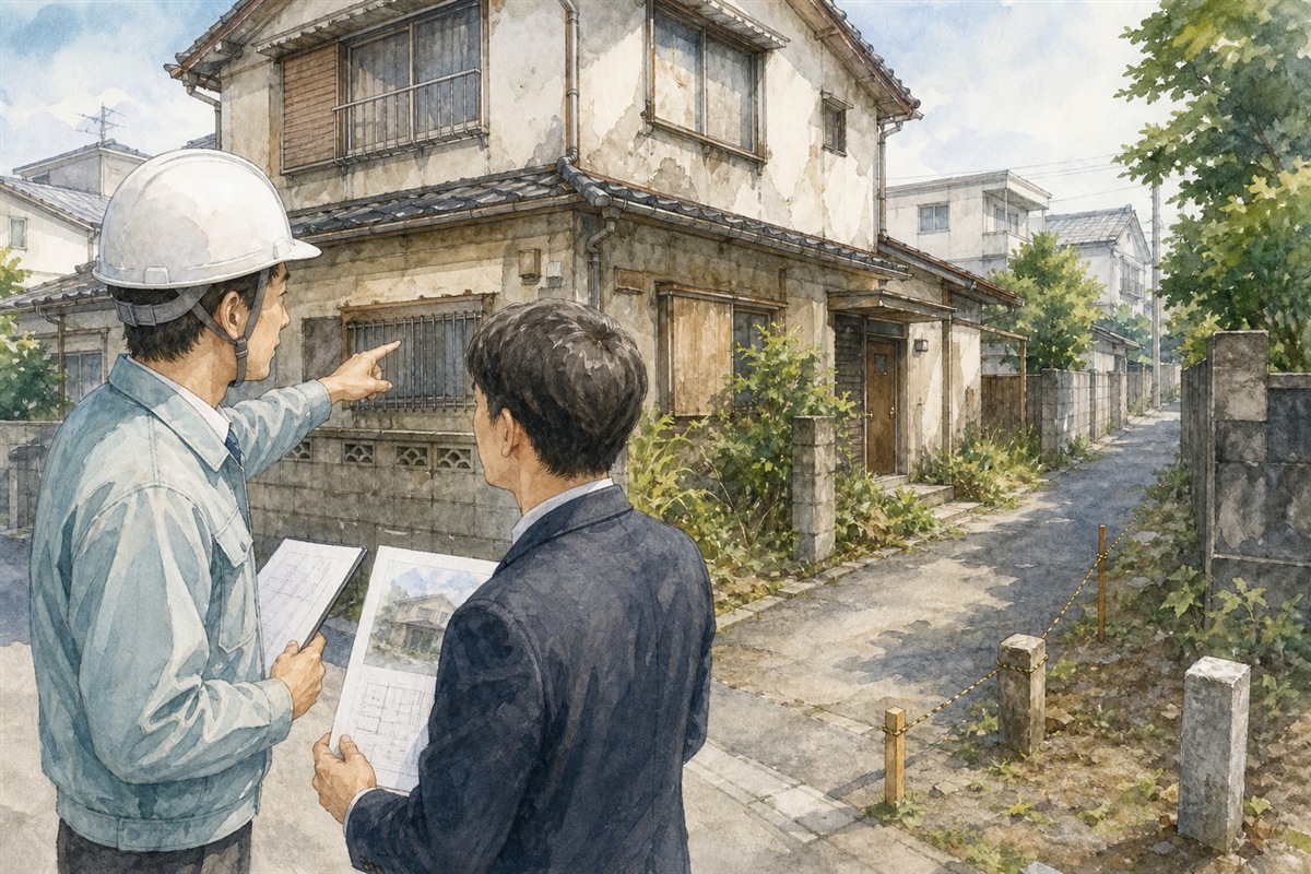 建物解体前に接道・境界・権利関係を調査する場面