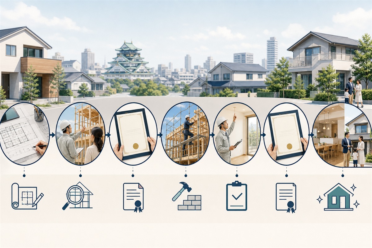建築確認から検査済証までの流れを示す挿絵