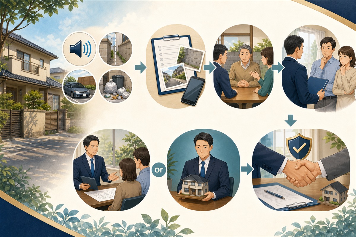 近隣トラブルがある家の売却対応手順を示す挿絵