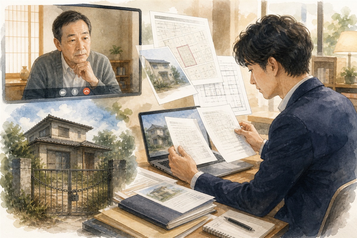 空き家所有者と不動産関係書類を確認する場面