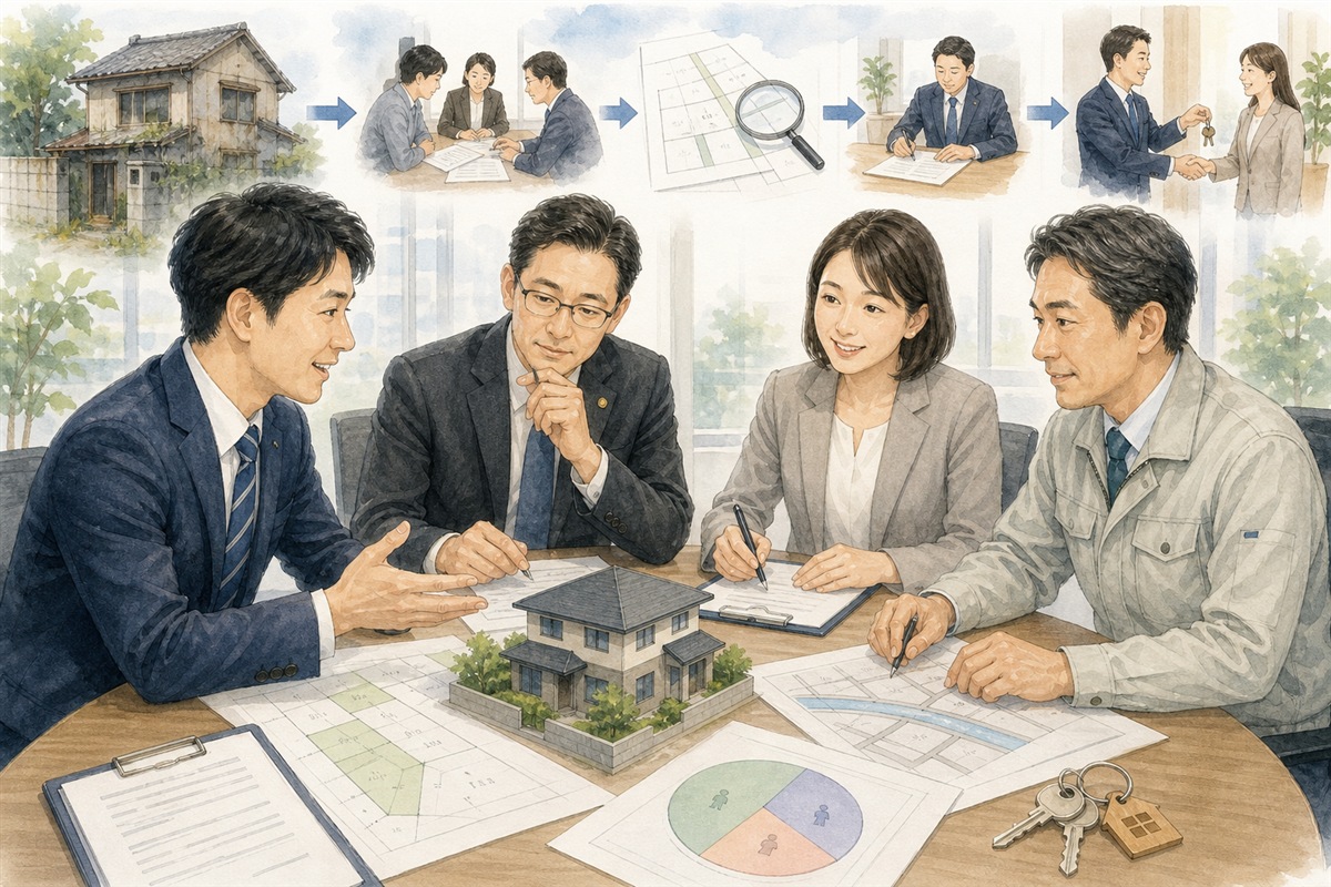不動産会社と専門家が訳あり物件の解決方法を検討する場面