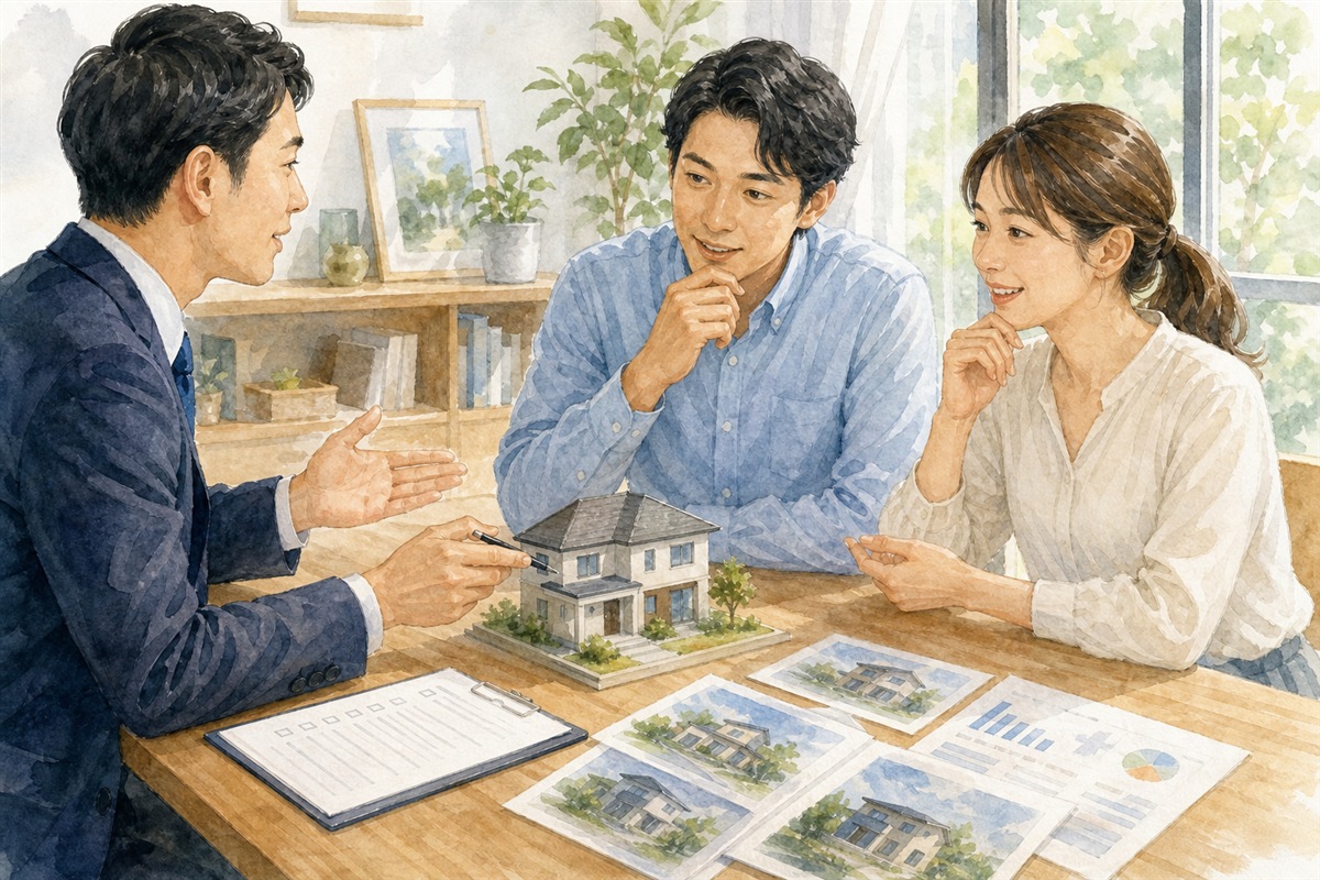 不動産会社が査定と契約条件を丁寧に説明する場面