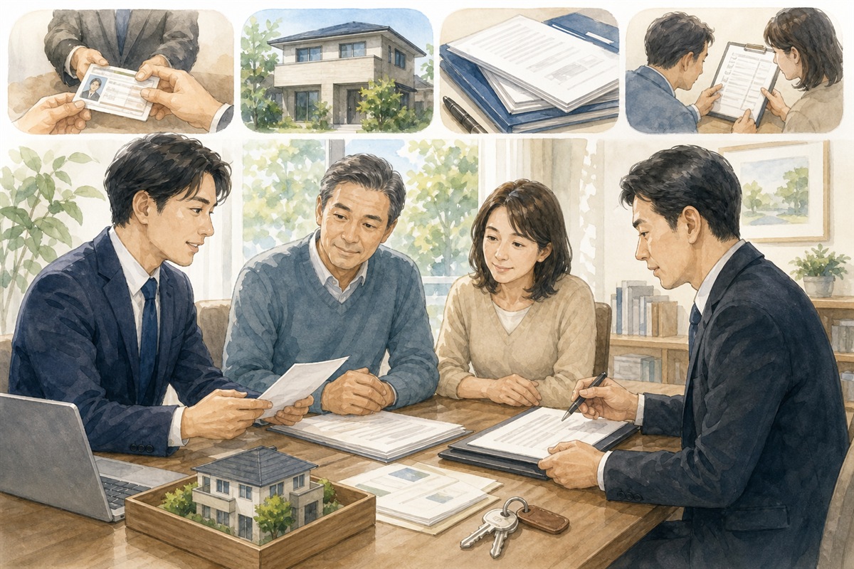 売主と専門家が安全な不動産取引の確認を行う場面