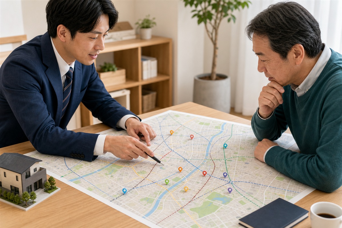 鶴見区と大東市の地価地点を比較する場面