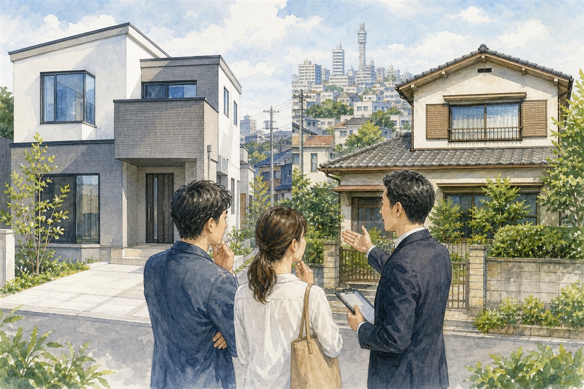 新築住宅と中古住宅の特徴を比較する場面